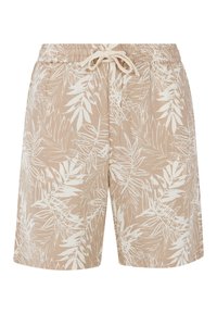 Pantalones cortos beige con un patrón de hojas florales en blanco. Presentan una cintura elástica con cordón y un corte holgado. Material de algodón.