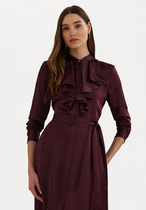 RUFFLE TRIM SATIN CHARMEUSE SHIRTDRESS - Ingruha - pinot noir