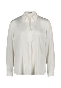 Weiße Bluse mit langen Ärmeln aus glattem Stoff, mit kragenförmigem Ausschnitt und halber Knopfleiste. Verfügt über seitliche Schlitzdetails am Saum und hat eine lockere Passform.