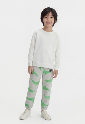 Kind die glimlacht, draagt een wit shirt met lange mouwen, grijze joggingbroek met groene krokodillenprints en witte sneakers, staand op een witte achtergrond.