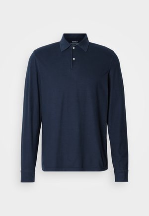 Navy blue long-sleeve polo shirt with two white buttons and a pointed collar, displayed on a plain light background.