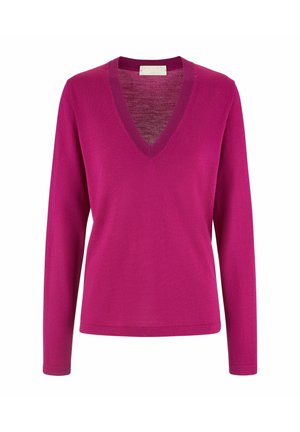 Fuchsia V-hals lange mouwen trui, zachte gebreide stof, relaxte pasvorm, geribbelde manchetten en zoom, met een iets gestructureerd oppervlak.