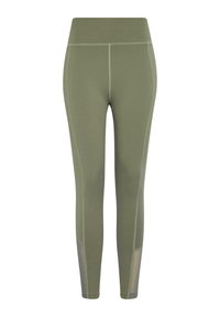 Olive zöld leggings, magas derékbőséggel, lapos varrásokkal, sima textúrával és hálós díszítéssel az alsó lábszárakon.