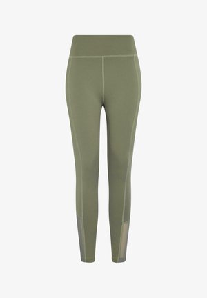 Olivenfargede leggings med høy midje, med flatlock-sømmer, en jevn tekstur og mesh-detaljer nederst på bena.