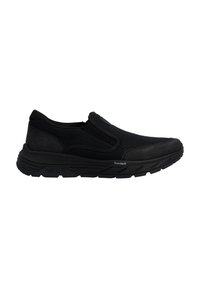 Schwarzer Slip-On-Sneaker mit Mesh-Obermaterial, gepolsterter Sohle mit der Aufschrift "foamtech" und strukturiertem Gummiaußensohle, seitliche Ansicht vor weißem Hintergrund.