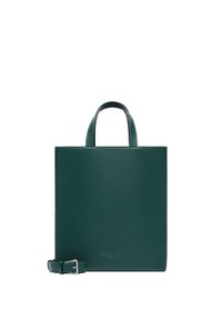 Torba typu tote z ciemnozielonej skóry, z krótkimi uchwytami i odpinanym paskiem na ramię, o prostokątnym kształcie, minimalistyczny design.