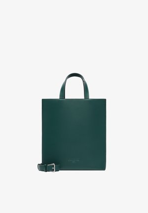 Dunkelgrüne Ledertasche mit kurzen Griffen und abnehmbarem Schulterriemen, rechteckige Form, minimalistisches Design.