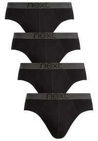 Schwarze Baumwollslips mit einem grauen elastischen Bund, der den Markennamen "next" trägt. Vier Paare übereinander gestapelt mit einer glatten Textur.