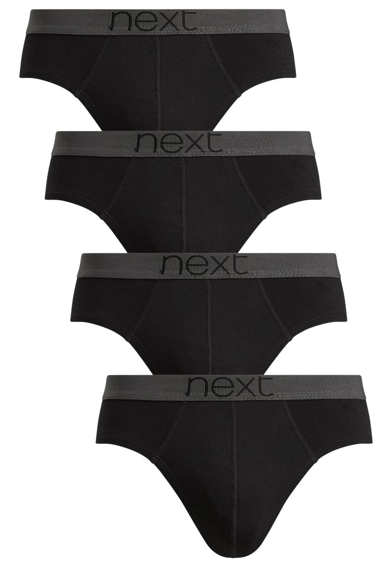 Schwarze Baumwollslips mit einem grauen elastischen Bund, der den Markennamen "next" trägt. Vier Paare übereinander gestapelt mit einer glatten Textur.
