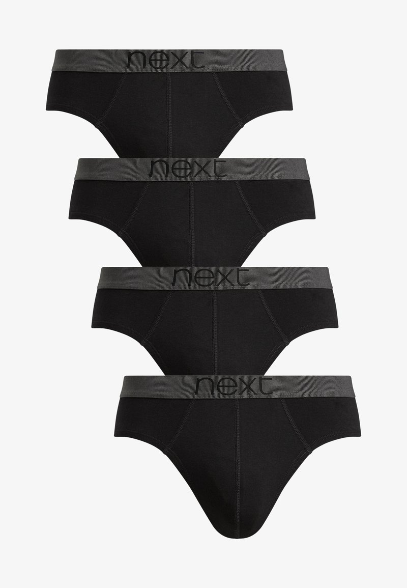 Czarne bawełniane majtki w kolorze szarym z elastycznym pasem zawierającym nazwę marki "next". Cztery pary ułożone jedna na drugiej, o gładkiej teksturze.
