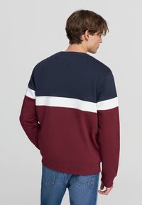 Giovane uomo di spalle, indossa una felpa a blocchi di colore con sezioni blu navy, bianco e burgundy, abbinata a jeans blu.
