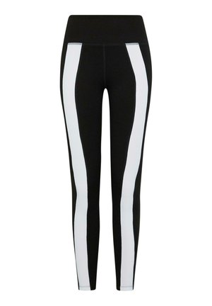 Zwarte leggings met witte zijkanten, hoge tailleband, rekbaar materiaal en een gladde textuur. Geschikt voor actieve kleding.