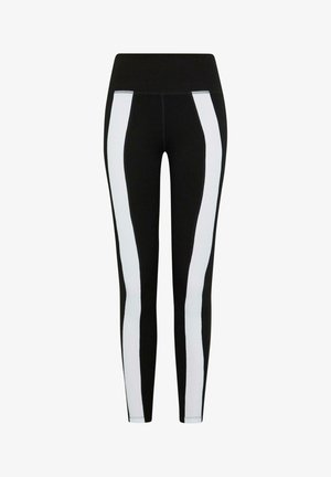 Čierne legíny s bielymi bočnými pruhmi, vysokým pásom, elastickým materiálom a hladkou textúrou. Vhodné na aktívne nosenie.