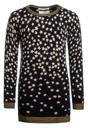 Pull bleu marine à manches longues avec motif d’étoiles blanches dispersées et bordures dorées métalliques au col, aux poignets et à l’ourlet.
