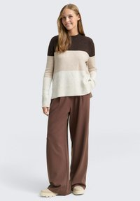 Maglione a maglia marrone, crema e strisce beige chiare, abbinato a pantaloni larghi marroni e scarpe beige. Presenta polsini e orlo a coste.