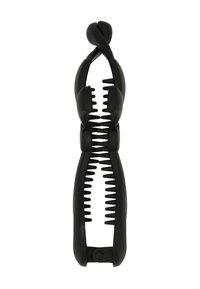 Clip per capelli nera con design intrecciato, dotata di denti affilati per una presa sicura. Realizzata in plastica resistente con una texture liscia.