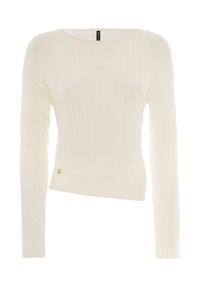 Strickpullover in Off-White mit ribbeliger Textur, breitem Ausschnitt und langen Ärmeln. Enthält ein kleines goldenes Logo am Saum.