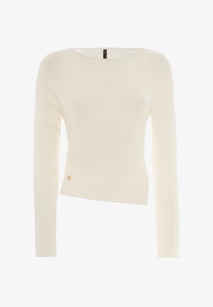 Knit sweater in off-white with a ribbed texture, featuring a wide neckline and long sleeves. Includes a small gold logo at the hem.