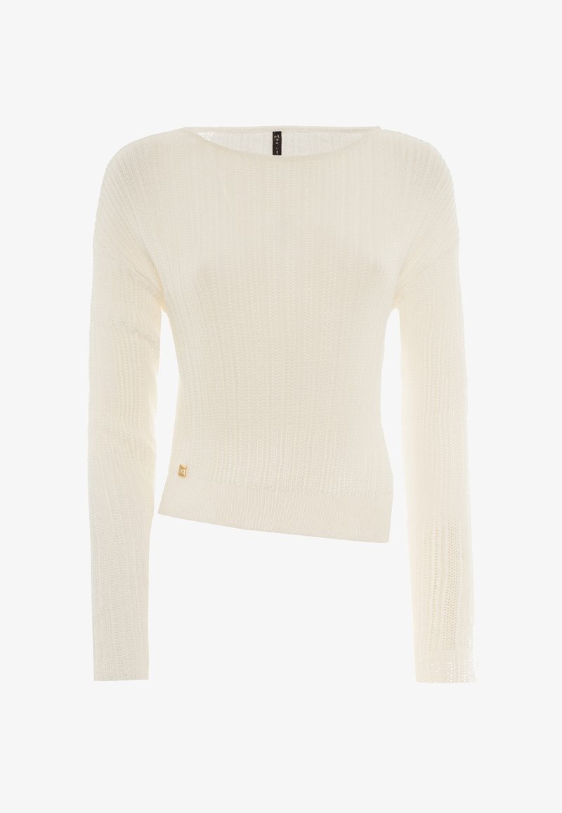 Strickpullover in Off-White mit ribbeliger Textur, breitem Ausschnitt und langen Ärmeln. Enthält ein kleines goldenes Logo am Saum.