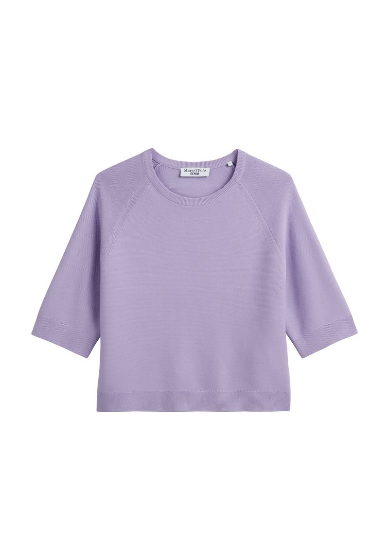 Lila kurzärmliger Pullover mit rundem Halsausschnitt, geripptem Textil und Raglanärmeln. Mit geradem Saum und weichem Strickmaterial.