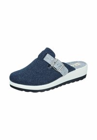 Navy felt clogs with a grey adjustable strap and silver buckle. Features a white midsole and black outsole for stability.