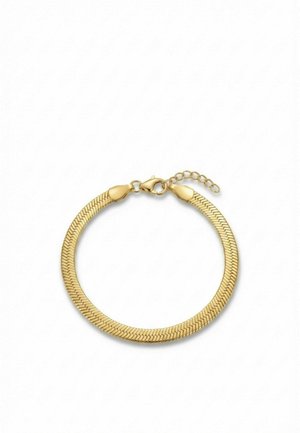 Pulsera de cadena espiga en tono dorado con cierre de langosta y cadena extensible ajustable sobre fondo blanco.