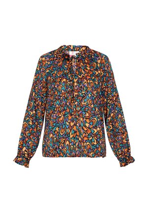 Langarmblouse in levendig meerkleurig abstract patroon, met een geplooide halslijn en ruches aan de mouwen, gemaakt van lichte stof.