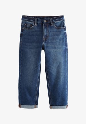 Tmavomodré denimové rifle s vyhrnutými manžetami, klasickým päťvreckovým dizajnom, zapínaním na gombíky a viditeľným prešitím na bielom pozadí.