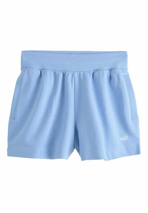 Light blue casual shorts with ribbed elastic waistband, side pockets, and small white "self." logo on lower right leg.