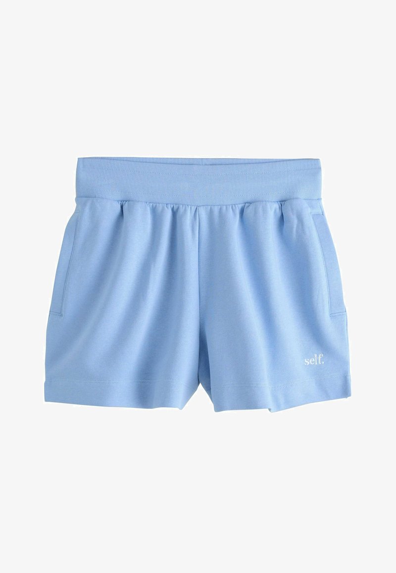 Shorts casual azzurri chiaro con vita elasticizzata a costine, tasche laterali e piccolo logo bianco "self." sulla parte inferiore della gamba destra.