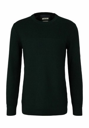 Pull noir en coton bio texturé, avec un col rond et des manches longues, doté d'ourlets et de poignets côtelés.