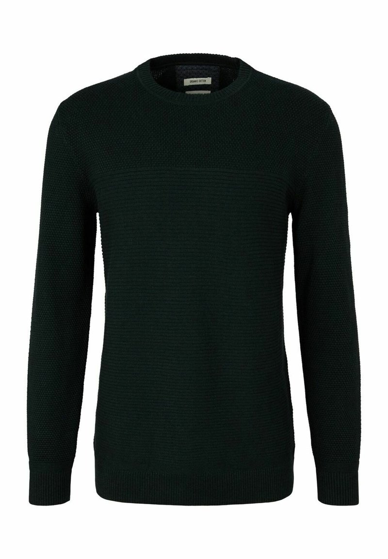 Maglione verde scuro realizzato in cotone organico testurizzato, con collo rotondo e maniche lunghe dotate di orlo e polsini a coste.