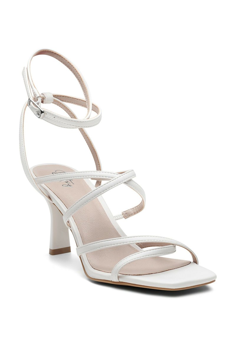White heeled sandal with multiple slender straps, square toe, and a mid-height block heel. Smooth leather texture with a subtle sheen.