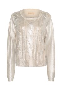 Maglione metallico argento lavorato a maglia con colletto rotondo, motivo a treccia e maniche lunghe con orlo aderente.