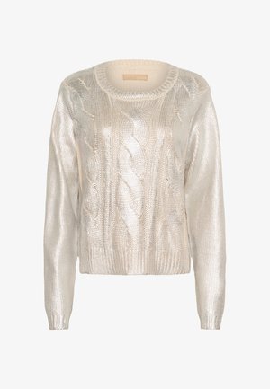 Silver metallic knitted sweater with a round neck, cable knit pattern, and long sleeves featuring a fitted hem.