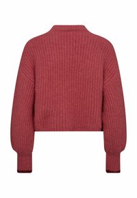 Maglione lavorato a maglia in un profondo colore rosa, con lunghezza crop, texture a coste e maniche a palloncino con polsini aderenti.