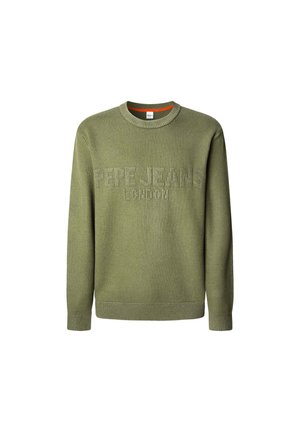 Zielony dzianinowy sweter z okrągłym dekoltem. Posiada wytłoczone logo "PEPE JEANS" z przodu. Rybaczaste mankiety i dół dopełniają całość.