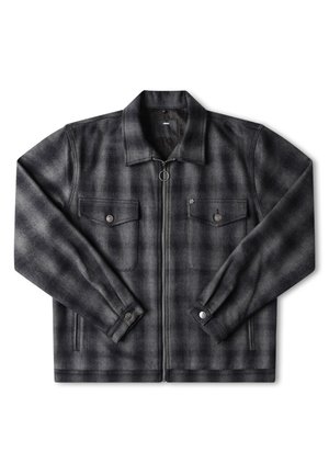 Gray plaid jacket with a zip front, two chest pockets, and button cuffs. Made from a textured fabric, featuring a collared neck design.