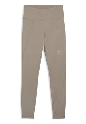Tan hel-lang atletiske leggings med høj talje og små lyseblå "HYROX" og Puma logoer på højre lår.