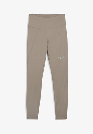 Beżowe legginsy sportowe na całej długości z wysokim stanem i małymi jasnoniebieskimi logo "HYROX" i Puma na prawej udzie.