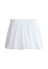 Mini-jupe blanche avec une taille élastique et un tissu froncé légèrement évasé créant une silhouette à ourlet bouffant.