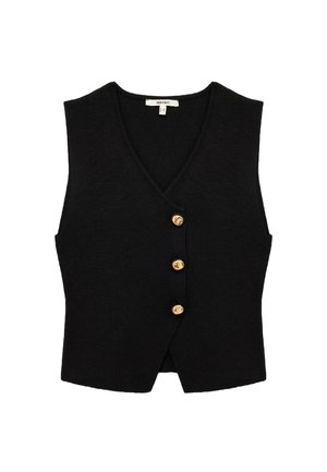 Zwarte mouwloze vest met een V-hals ontwerp. Heeft vier gouden knopen aan de voorkant en een getextureerde breiselstof.