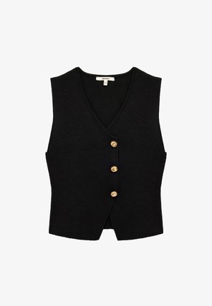 Chaleco sin mangas negro con diseño de escote en V. Presenta cuatro botones dorados en la parte delantera y una tela de punto texturizada.