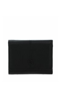 Portefeuille en cuir noir avec une surface texturée, design pliable, coutures remarquables, et un emblème embossé sur le devant.