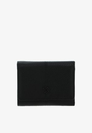 Portefeuille en cuir noir avec une surface texturée, design pliable, coutures remarquables, et un emblème embossé sur le devant.