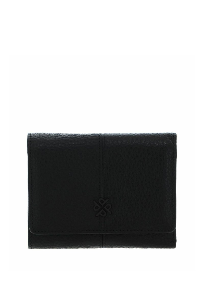 Portefeuille en cuir noir avec une surface texturée, design pliable, coutures remarquables, et un emblème embossé sur le devant.