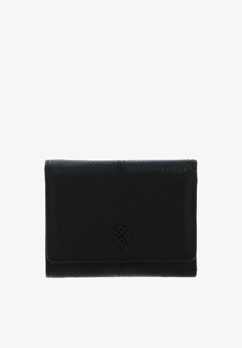 Portefeuille en cuir noir avec une surface texturée, design pliable, coutures remarquables, et un emblème embossé sur le devant.