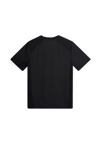 Svart kortärmad t-shirt i slät tyg, med rundad halsringning och en diskret logotyp på övre delen av ryggen.