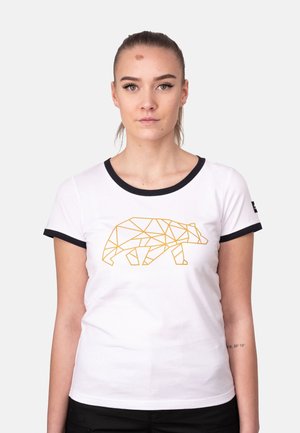Weißes Kurzarmhemd mit schwarzem Besatz, das ein geometrisches Bärenmuster in Gold aufweist. Glattes Material und taillierte Passform.