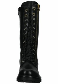 Black leather knee-high boots featuring a front lace-up design, gold eyelets, and a side zipper for ease of wear.